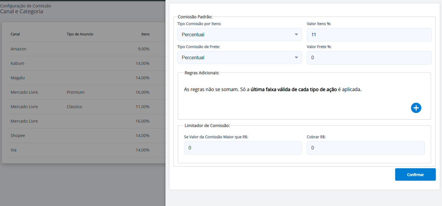 Configuração de comissões
