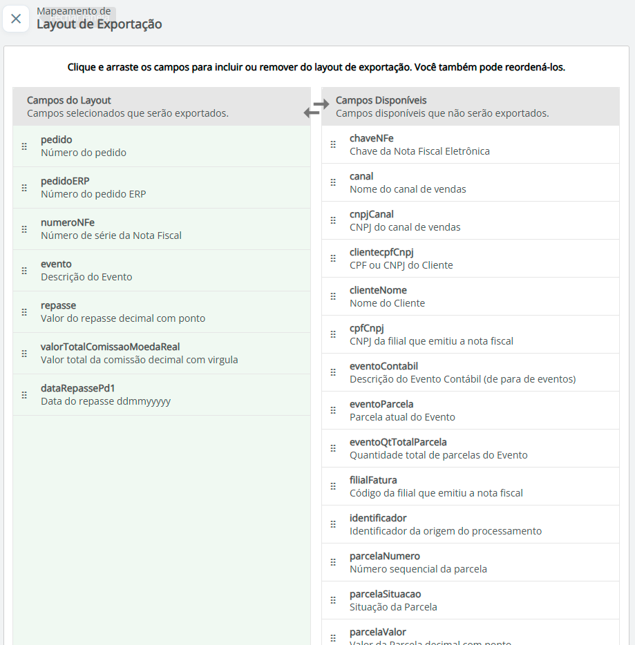 Layout de exportação